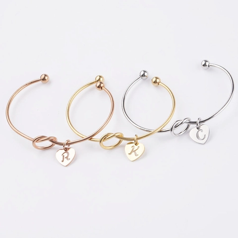 Stainless Steel Knot Bangle With Heart Alphabet Charm 18K Gold Plated Open Cuff Bracelet Stylish Accessory