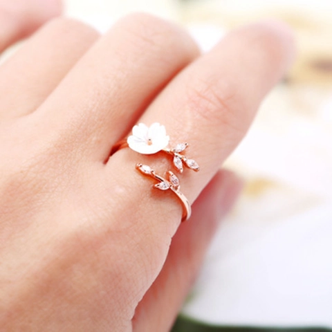 Anillo Abierto De Flor De Concha Para Mujer Cobre Chapado En Oro Rosa Ajustable Hoja Circón Joyería Elegante