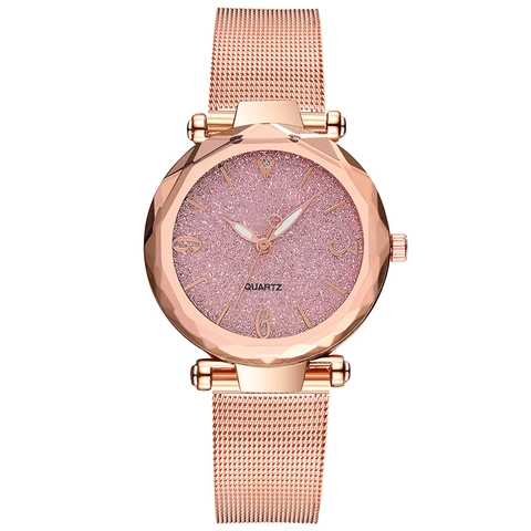 Women Quartz Watch Rose Gold Stainless Steel Mesh Strap Glitter Starry Sky Dial Fashion Elegant Geometric Glass Analog Wristwatch