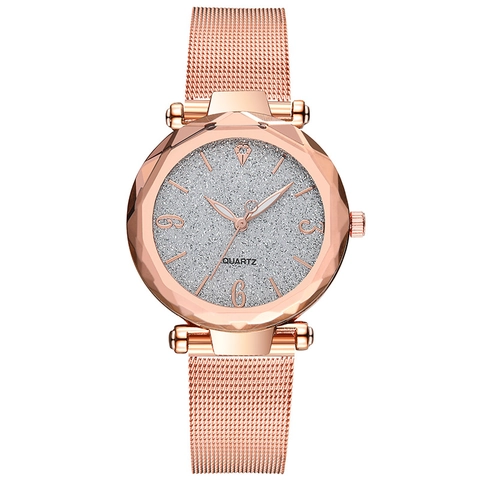Women Quartz Watch Rose Gold Stainless Steel Mesh Strap Glitter Starry Sky Dial Fashion Elegant Geometric Glass Analog Wristwatch