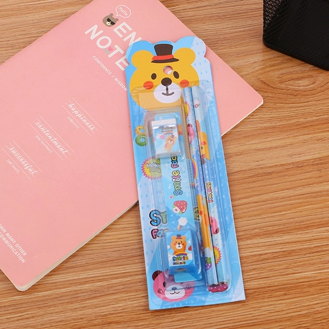 Cartoon Animal School Stationery Including Pencils Ruler Eraser Sharpener Student Learning Awards Gifts Pink Blue