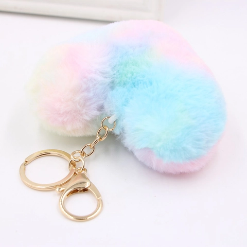 Portachiavi Cuore In Peluche Arcobaleno Pelliccia Sintetica Di Coniglio Morbido Ciondolo Borsa Chiusura In Lega Dorata