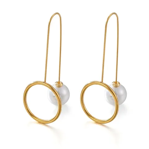 Orecchini Pendenti In Acciaio Inossidabile Con Perla Artificial Di Conchiglia Cerchio Rotondo Geometrico Minimalista Lungo Elegante Donna