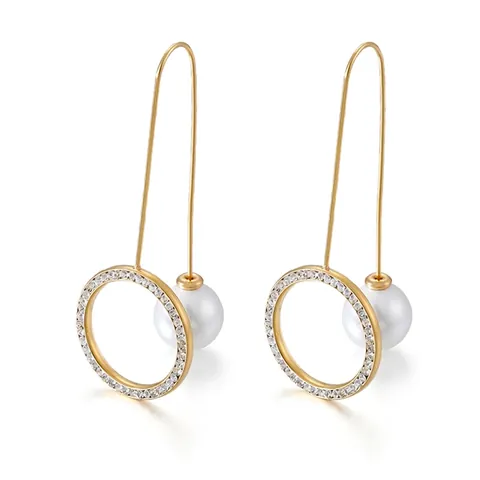 Pendientes Gancho Largo Acero Inoxidable Círculo Diamantes Con Perla Artificial Concha Joyería Moda Mujeres Estilo Geométrico