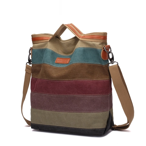 Sac À Épaule En Toile Rayée Avec Bordure En Cuir Bandoulière Réglable Sac À Main Rétro Messenger Pour Femmes Quotidien