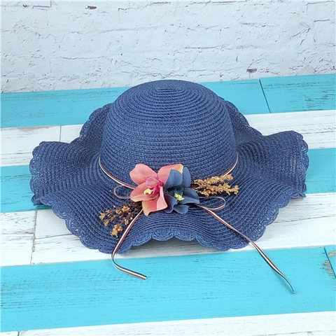 Straw Sun Hat Women Kids Wide Brim Wavy Edge Floral Bow Foldable Summer Beach Breathable Vacation Hat