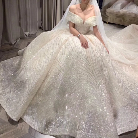 Off-Shoulder Pailletten Ballkleid Hochzeitskleid Brautkleid Luxus Tüll Spitze Champagner Elfenbein Lange Schleppe Formal