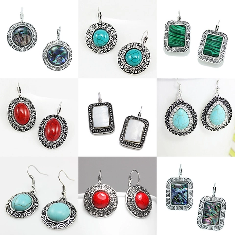 Bohemian Vintage Dangle Earrings For Women Alloy Synthetic Turquoise Abalone Shell Rhinestone Geometric Ethnic Style