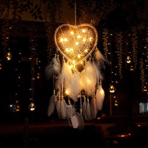 Atrapasueños En Forma De Corazón Hecho A Mano Pluma Encaje Decoración De Pared Con Luces LED Para Dormitorio Boda Boho