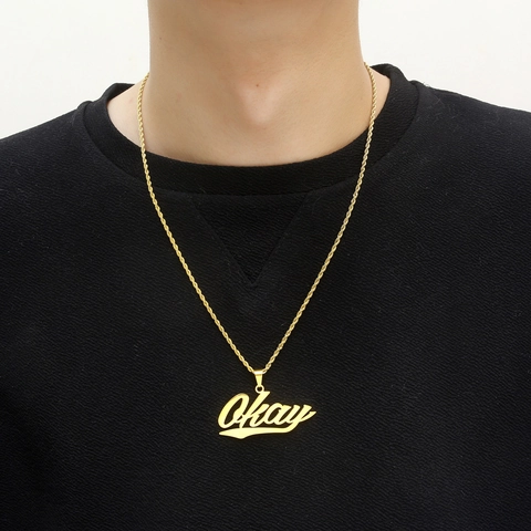 Okay Letter Pendant Necklace Titanium Steel 18K Gold Plated Hip Hop Rap Style Twist Rope Chain Unisex Punk Accessory