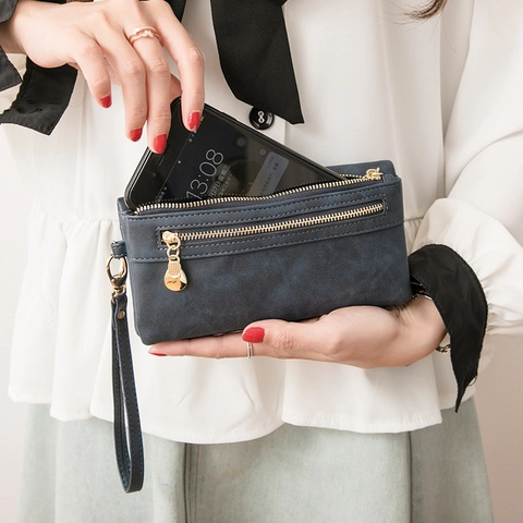 Women Long Wallet Matte PU Leather Zippered Clutch Bag With Wrist Strap Multi Card Slots Retro Handheld Purse