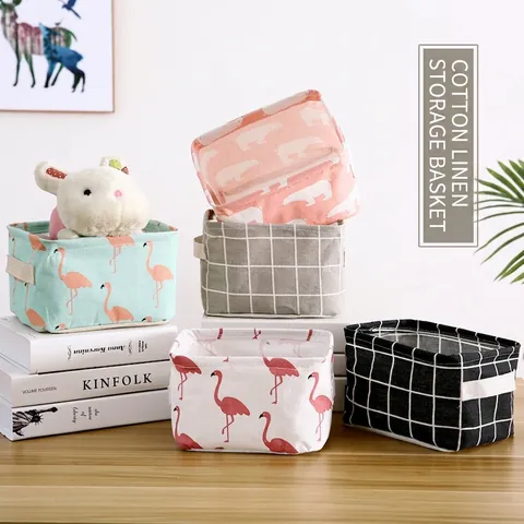 Fabric Storage Basket Cotton Linen Foldable Desktop Organizer Bin With Handles For Cosmetics Stationery Sundries