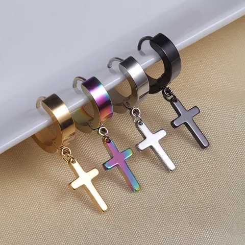 Pendientes De Aro Y Clip Con Colgante De Cruz De Acero Inoxidable Estilo Punk Joyería Unisex Hipoalergénico