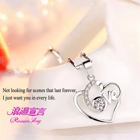 Elegant Copper Heart Pendant For Women Love Lettering Rhinestone Inlaid Silver Color Pendant Only Romantic Fashion Jewelry