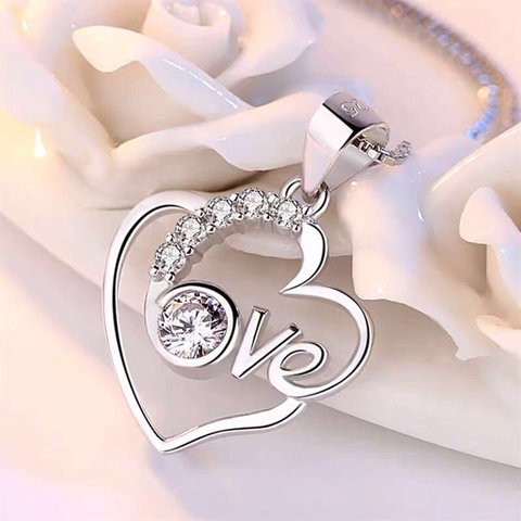 Elegant Copper Heart Pendant For Women Love Lettering Rhinestone Inlaid Silver Color Pendant Only Romantic Fashion Jewelry