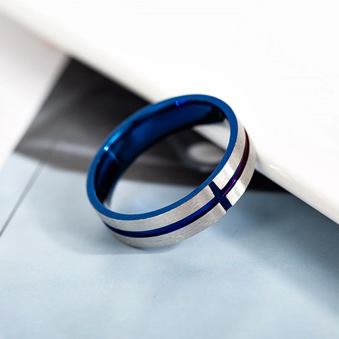 Anello Croce in Acciaio Inossidabile Vintage Blu Nero Finitura Spazzolata Anello a Fascia per Uomo Donna Gioielli Religiosi di Moda Regalo