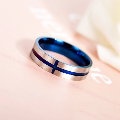 Anello Croce in Acciaio Inossidabile Vintage Blu Nero Finitura Spazzolata Anello a Fascia per Uomo Donna Gioielli Religiosi di Moda Regalo