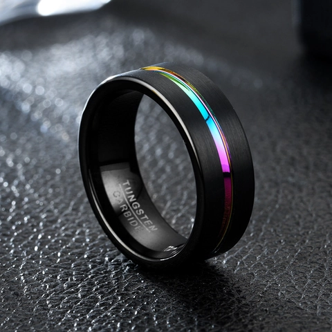 Tungsten Carbide Ring For Men Black Matte Brushed Colorful Rainbow Groove Fashion Band Jewelry