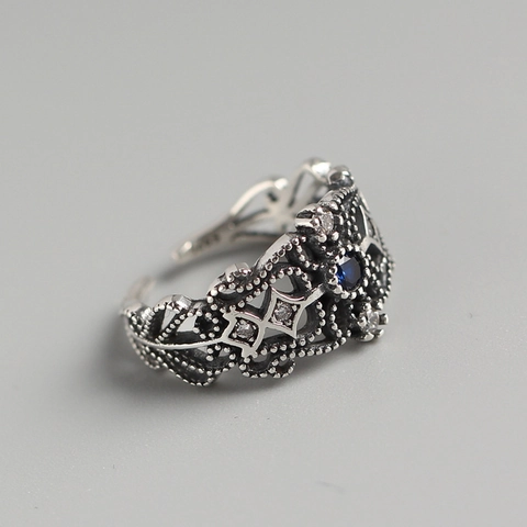 Retro Hollow Blue Stone Adjustable Open Ring 925 Sterling Silver Vintage Jewelry For Women Elegant Geometric