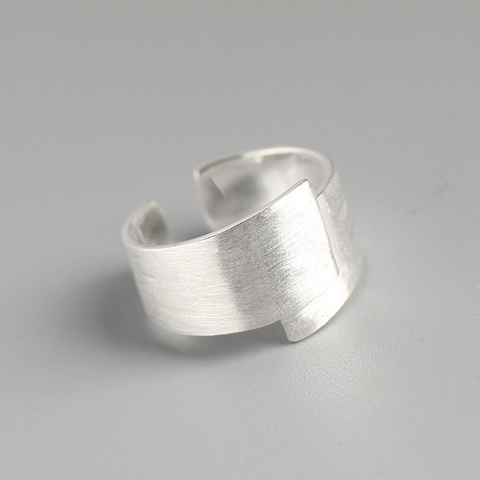 Minimalist 925 Sterling Silver Open Ring For Women Geometric Asymmetric Brushed Texture Wide Band Adjustable Jewelry