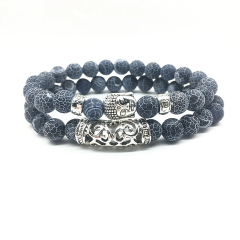 Buddha Head Beaded Bracelet And Hollow Carved Tube Bracelet Natural Stone Lava Tiger Eye Ethnic Vintage Zen Style Stretch Wear