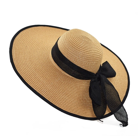 Women Wide Brim Straw Sun Hat Elegant Summer Beach UV Protection Cap With Large Chiffon Bow Ribbon For Vacation