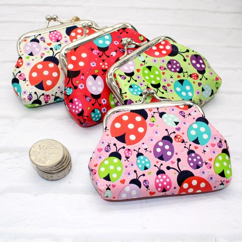 Mini Coin Purse PU Leather Cartoon Ladybug Print Metal Kiss Lock Retro Portable Wallet For Kids Students Girls Gift