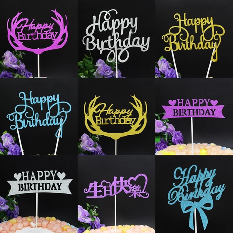 Happy Birthday Cake Toppers DIY Glitter Paper Deer Antler Heart Star Shape Party Decoration For Kids Adults