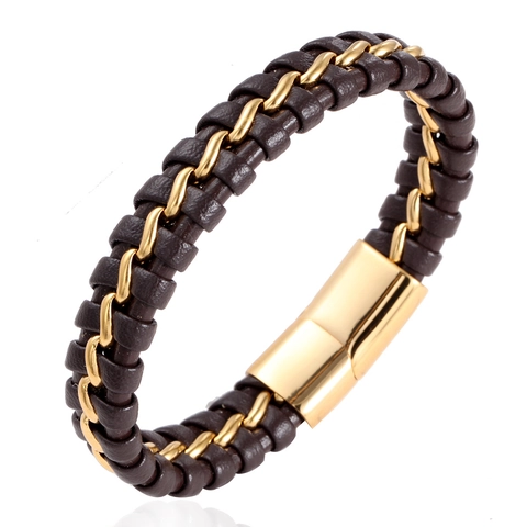 Men Braided Leather Bracelet With Stainless Steel Chain And Gold Magnetic Buckle Fashion Jewelry