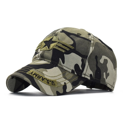 Militär-Style Camouflage Baseball Kappe Baumwolle Canvas Verstellbar Taktisch Stern Stickerei Outdoor Sonnenhut Herren