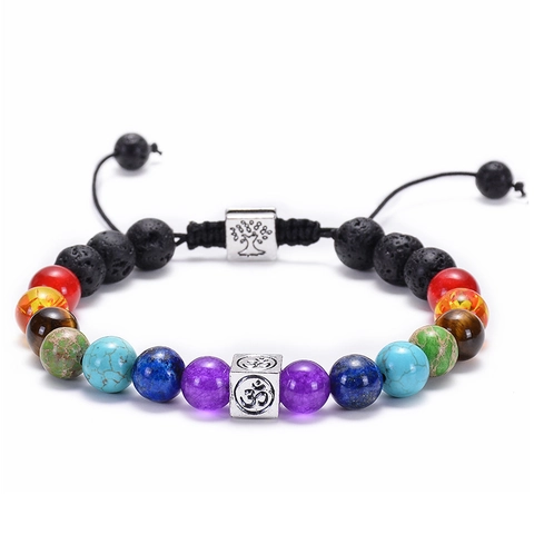 Bracciale Per Guarigione Energetica 7 Chakra In Pietra Lavica Naturale Corda Intrecciata Regolabile Om Albero Della Vita Yoga