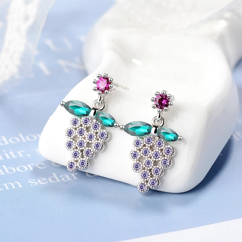 Grape Dangle Earrings Copper White Gold Plated Purple Green Pink Cubic Zirconia Sweet Pastoral Jewelry For Women