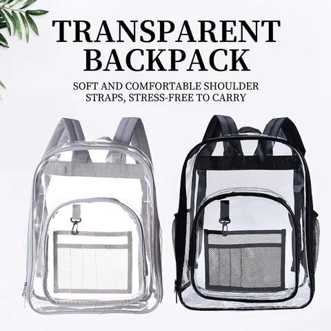 Mochila Transparente PVC Impermeable Gran Capacidad Para Escuela Estadio Control Seguridad Viaje Ligero Ajustable