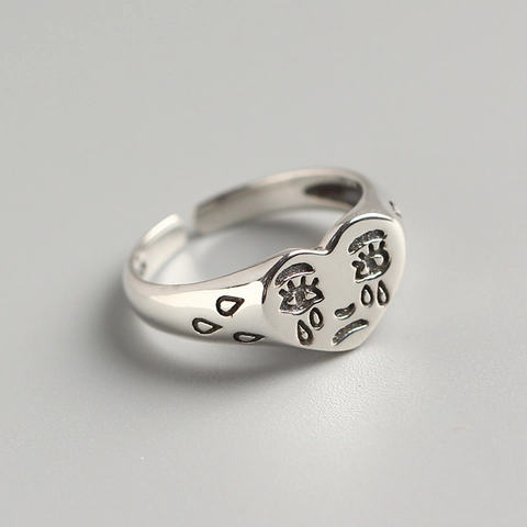 Crying Face Ring 925 Sterling Silber Trauriges Herz Verstellbar Offen Vintage Kreativer Schmuck Für Damen