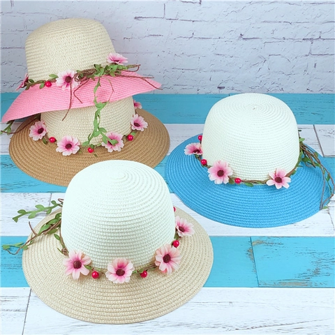 Women Straw Sun Hat Wide Brim Floral Wreath Summer Beach Vacation Pastoral Color Blocked Foldable
