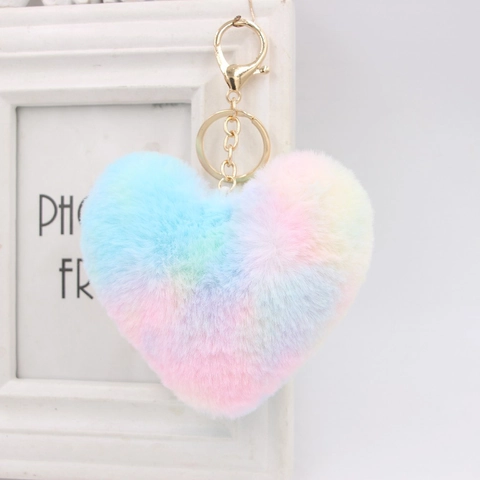 Portachiavi Cuore In Peluche Arcobaleno Pelliccia Sintetica Di Coniglio Morbido Ciondolo Borsa Chiusura In Lega Dorata