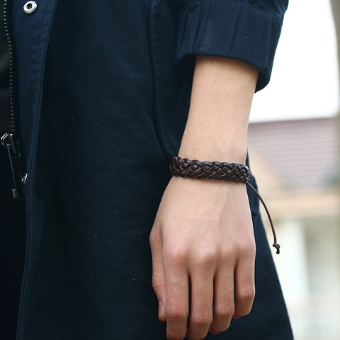 Handgefertigt Geflochten Leder Punk Armband Für Herren Damen Retro Verstellbar Dunkelbraun Rindsleder Kordel Bohemian Schmuck