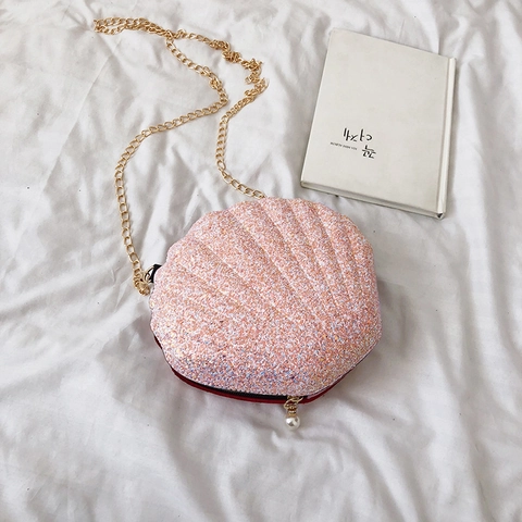 Fashionable Shell Shaped Crossbody Shoulder Bag Glitter Sequins PU Leather Golden Chain Artificial Pearl Zipper Pull Mini Women