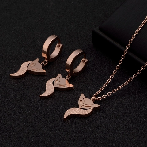 Fox Pendant Necklace And Earrings Jewelry Titanium Stainless Steel Rose Gold Polished Matte Finish Fashion Elegant Women Girls
