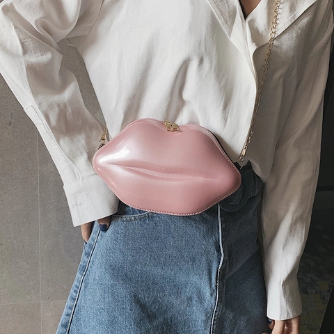 Lip Shaped Patent Leather Chain Crossbody Bag for Women Fashion Mini Candy Color Shoulder Bag Party Purse Casual Clutch