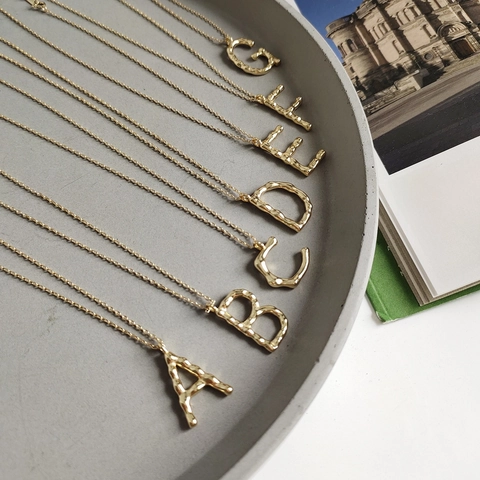 Initial Letter Pendant Necklace 925 Sterling Silver 18K Gold Plated Hammered Irregular Texture Minimalist Jewelry Women