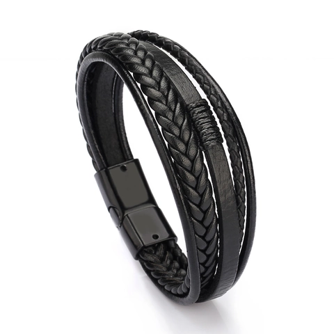 Retro Men's Multi-Layer Braided PU Leather Bracelet With Alloy Magnetic Buckle Punk Style Ethnic Wristband Jewelry Gift