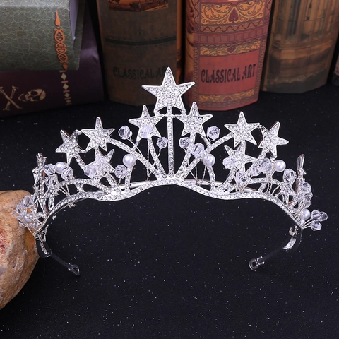 Corona Novia Estrella Diamantes Cristal Perla Artificial Hecho A Mano Tiara Boda Accesorio Cabello Para Mujeres Estilo Princesa
