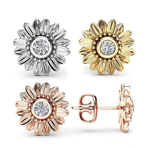 Sunflower Stud Earrings 18K Gold Plated Cupronickel With Cubic Zirconia Flower Dainty Elegant Jewelry For Women