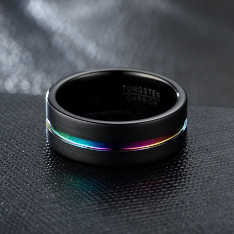 Tungsten Carbide Ring For Men Black Matte Brushed Colorful Rainbow Groove Fashion Band Jewelry