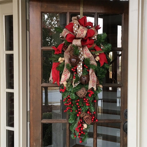 Artificial Christmas Teardrop Swag Wreath Pine Needles Red Berries Pine Cone Metal Bell Ribbon Bow Door Wall Hanging Decor