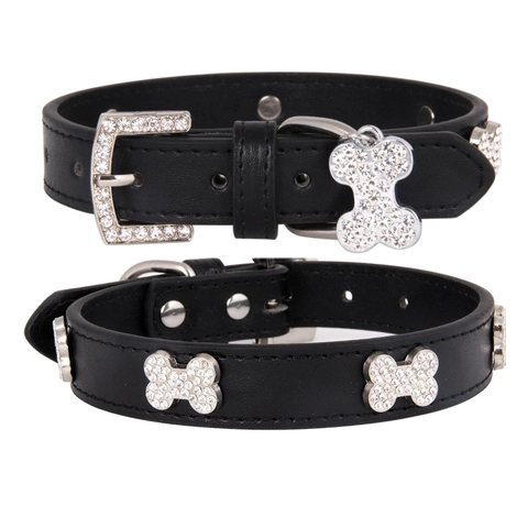 Pet Collar PU Leather Rhinestone Bone Pendant Sparkling Adjustable Fashion Neck Strap For Small Dogs Cats