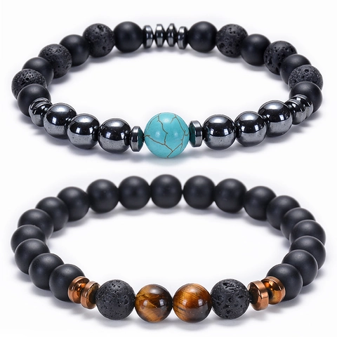 Natur Lava Stein Tigerauge Türkis Hämatit Perlenarmband Elastisch Energie Heilung Stressabbau Unisex Schmuck
