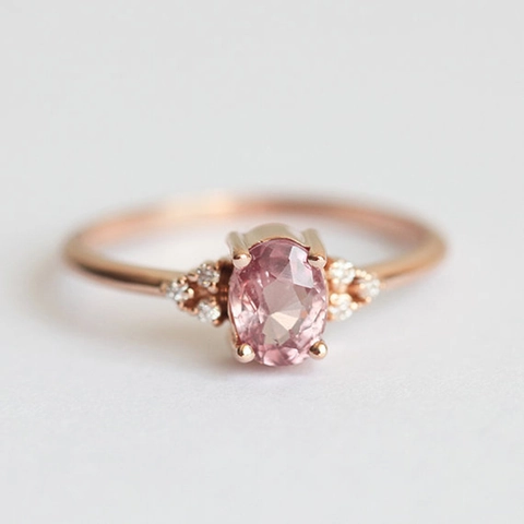 Rose Gold Plated Copper Ring With Oval Pink Zircon Elegant Princess Engagement Jewelry For Women
