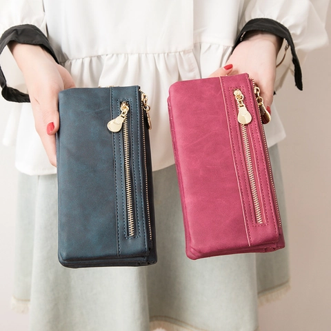 Women Long Wallet Matte PU Leather Zippered Clutch Bag With Wrist Strap Multi Card Slots Retro Handheld Purse